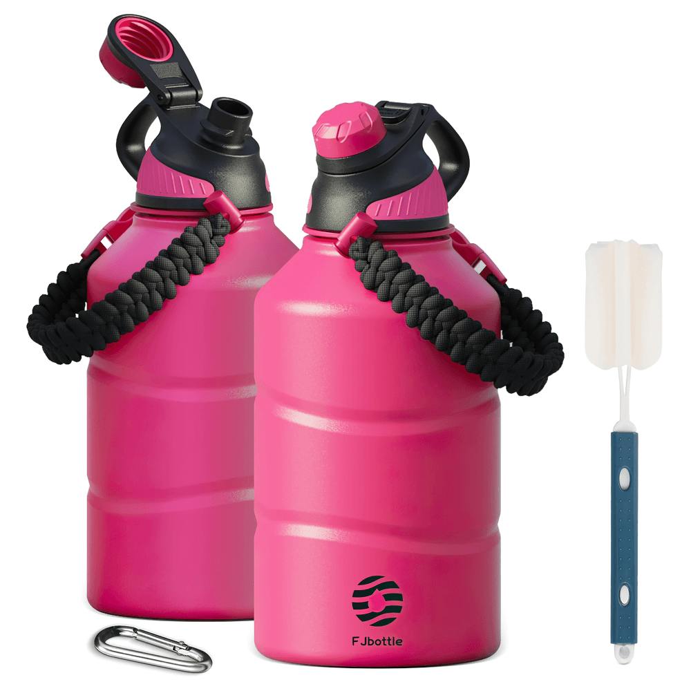Pink thermos bottles with durable handles and cleaning brush included, perfect for outdoor adventures and thermal insulation.